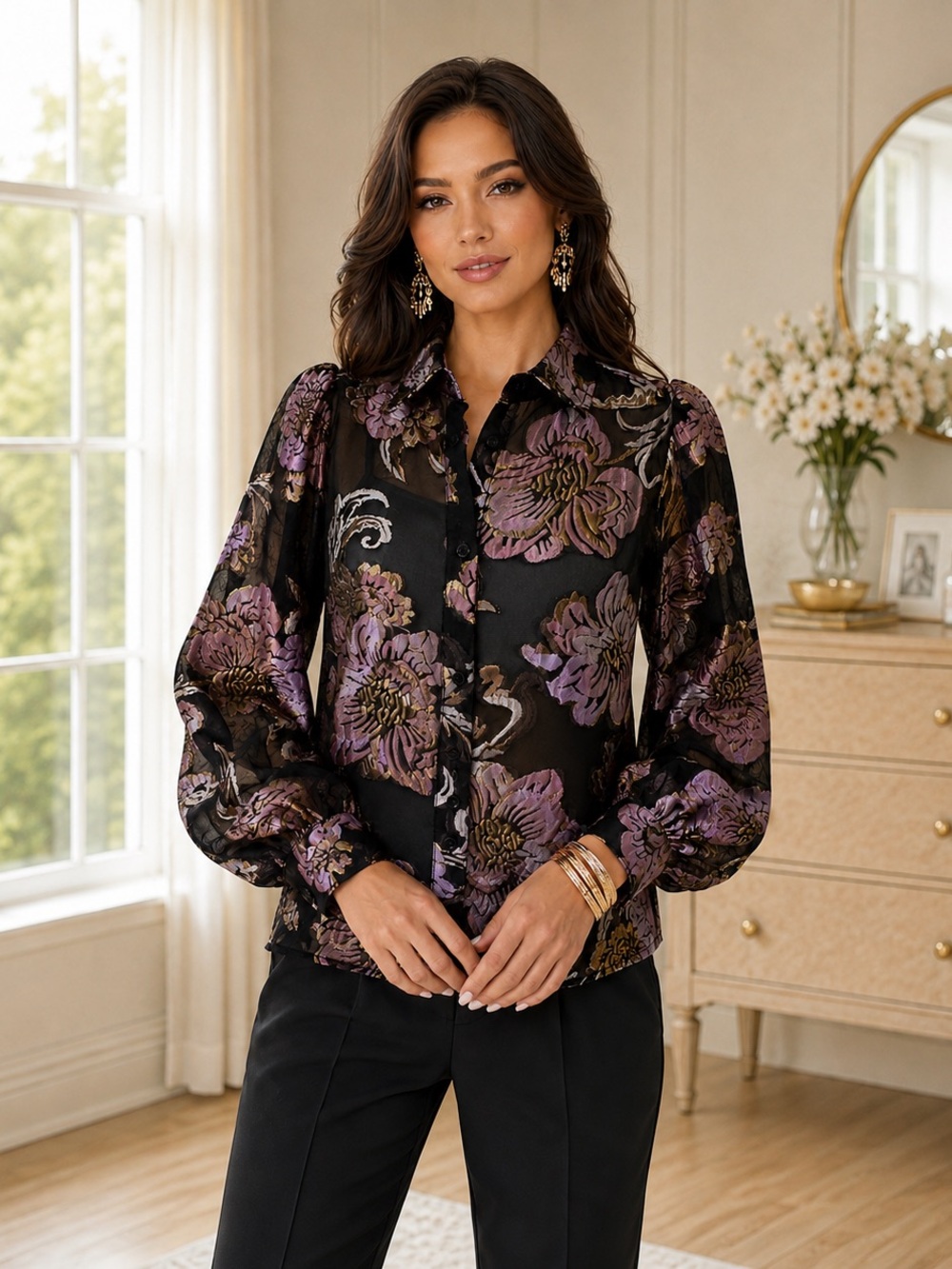 Boston Proper Dark Bohemian Metallic Floral Blouse — Size Medium - Picture 6 of 9